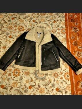 Arizona Jean Company Black Leather Jacket with Cream Shearling Trim